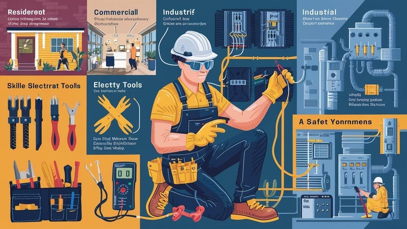 Illustration of an electrician working across residential, commercial, and industrial electrical projects in Doncaster with tools and safety equipment